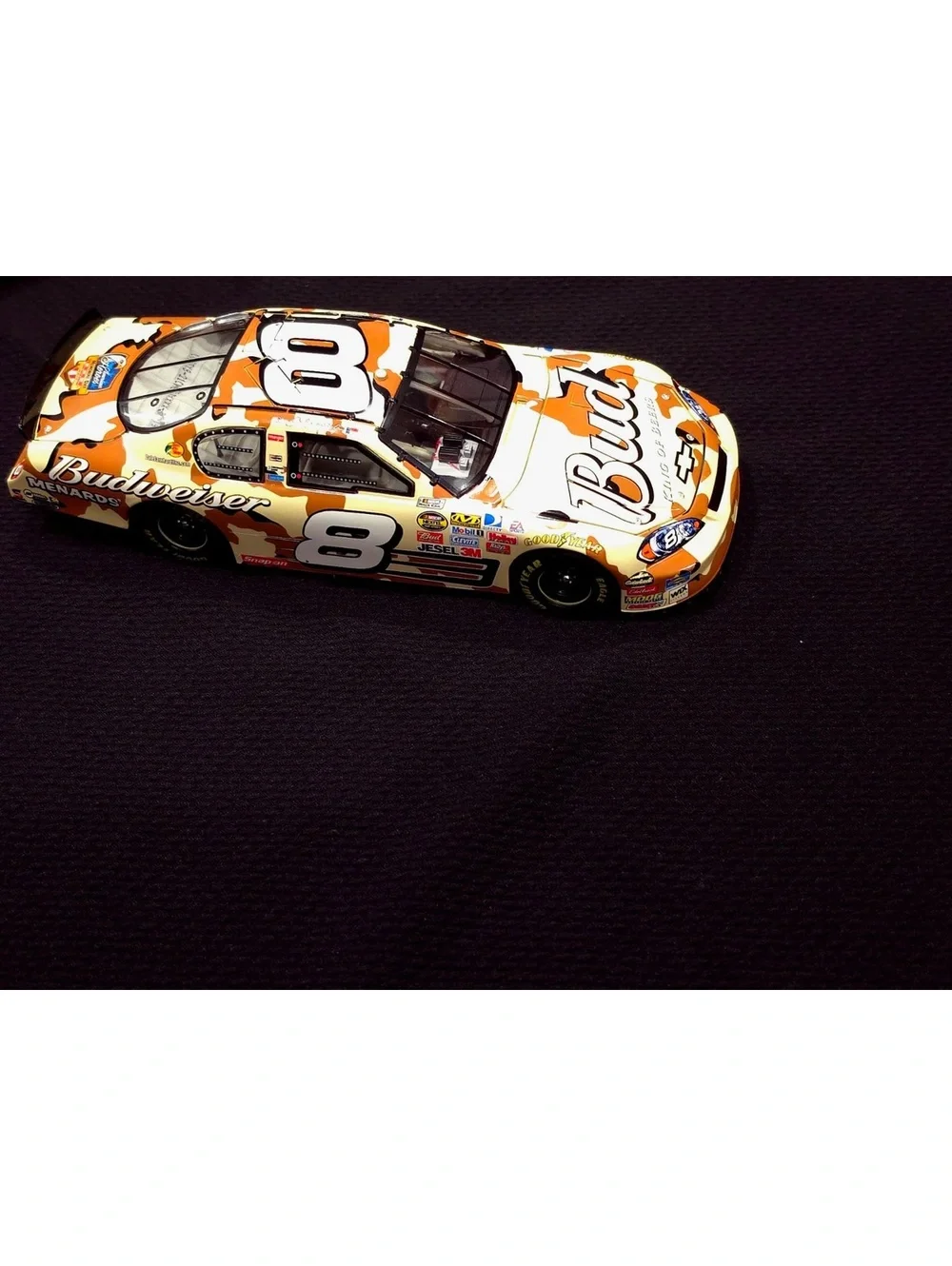 Budweiser #8 NASCAR Diecast Model Car with Camouflage Design